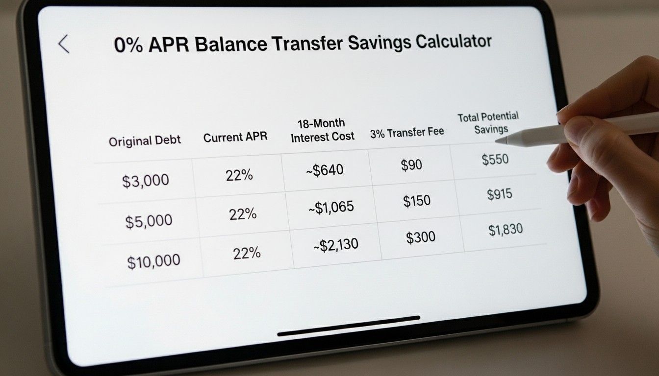 Two credit cards and a calculator on a desk illustrating the process of a strategic balance transfer.